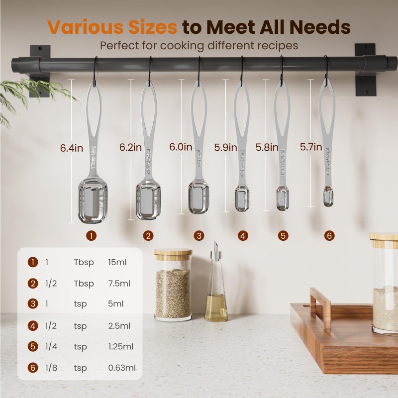 THLHKD 6PCS Narrow Measuring Spoons Set, Stainless Steel Measuring Spoon Fits in Spice Jars, Metal Teaspoon Measuring Spoons, Rectangular Tablespoon, Long Measuring Spoons for Dry & Liquid Ingredients - Image 4