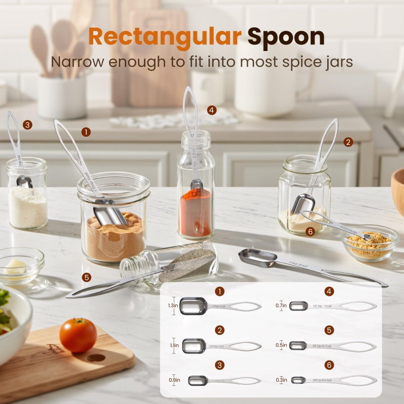 THLHKD 6PCS Narrow Measuring Spoons Set, Stainless Steel Measuring Spoon Fits in Spice Jars, Metal Teaspoon Measuring Spoons, Rectangular Tablespoon, Long Measuring Spoons for Dry & Liquid Ingredients - Image 3