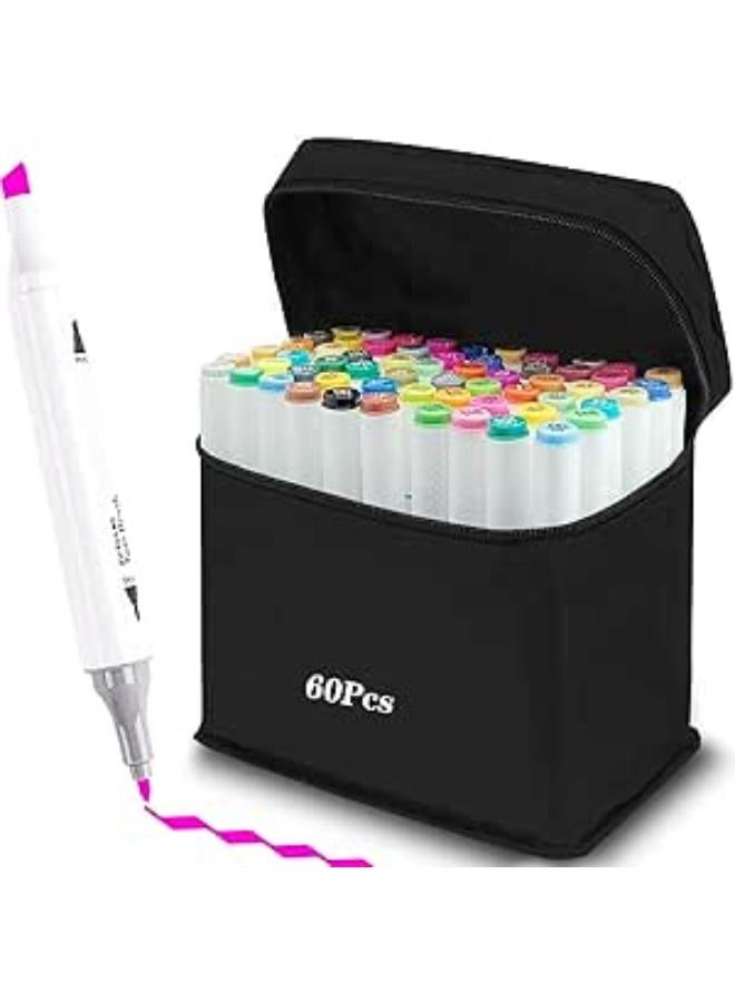 Topspitgo Marker Set, Two Tip Highlighter with Carry Bag for Sketching Colour Markers for Highlighting and Underlining. (60 Colours White)