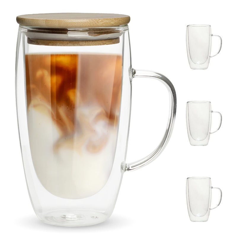 CHEFS UNIQUE Double Wall Glass Coffee Mugs 16 Oz  Insulated Coffee Mugs With Lid Clear Glass Cups For Coffee Tea Latte Cappuccino Espresso set Of 4