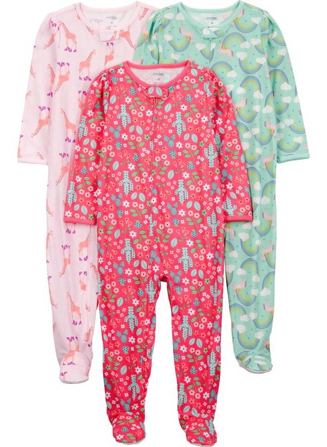 Simple Joys by Carter's Baby Girls' 3-Pack Loose Fit Flame Resistant Polyester Jersey Footed Pajamas, Cactus/Giraffe/Rainbow, 12 Months - Image 1