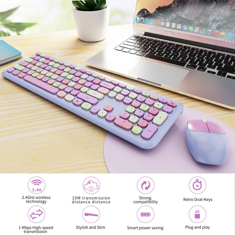 SkyGive Wireless Keyboard and Mouse Combo, Colorful Ergonomic Full Size Retro Low-Noise Keyboard with Cute keycaps, Compatible with Windows, PC, Perfer for Home and Office Keyboards (Purple) - Image 2