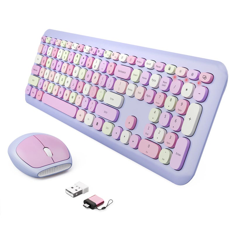 SkyGive Wireless Keyboard and Mouse Combo, Colorful Ergonomic Full Size Retro Low-Noise Keyboard with Cute keycaps, Compatible with Windows, PC, Perfer for Home and Office Keyboards (Purple) - Image 1