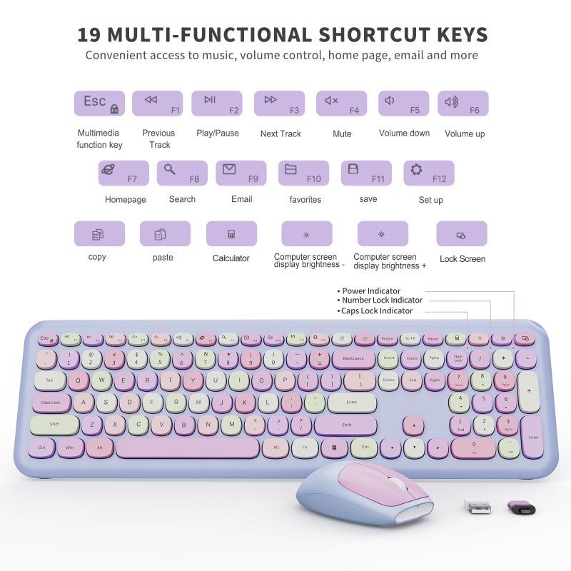 SkyGive Wireless Keyboard and Mouse Combo, Colorful Ergonomic Full Size Retro Low-Noise Keyboard with Cute keycaps, Compatible with Windows, PC, Perfer for Home and Office Keyboards (Purple) - Image 3