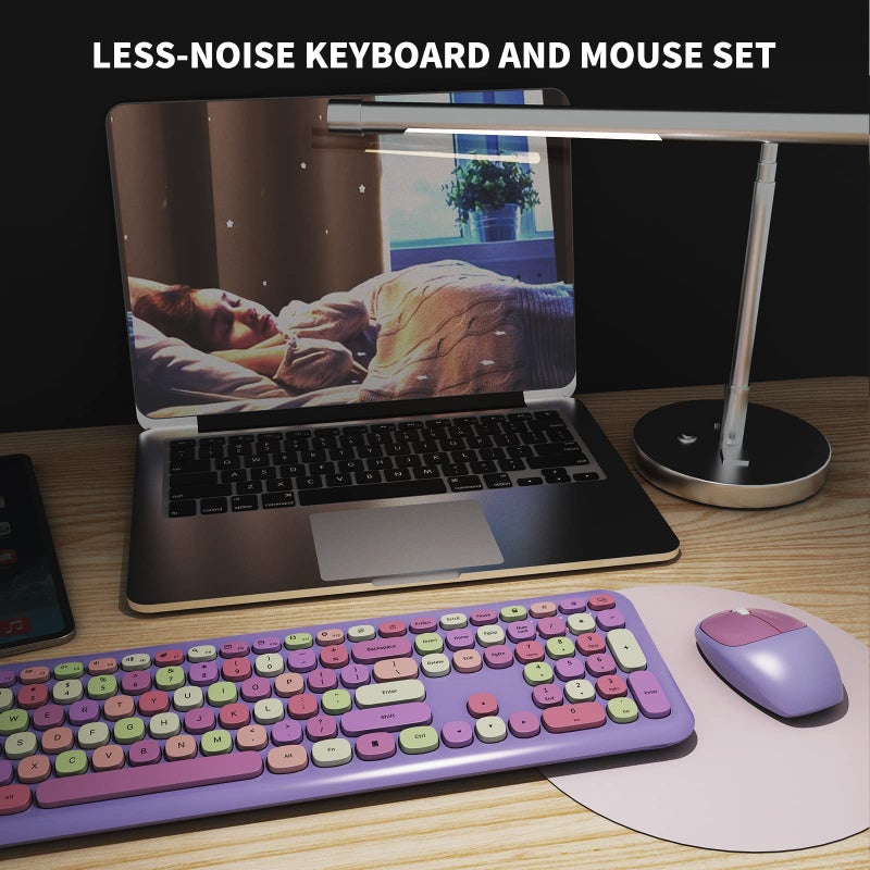 SkyGive Wireless Keyboard and Mouse Combo, Colorful Ergonomic Full Size Retro Low-Noise Keyboard with Cute keycaps, Compatible with Windows, PC, Perfer for Home and Office Keyboards (Purple) - Image 5