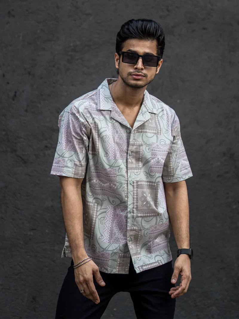 مانياك قميص رجالي مانياك أخضر غامق قطن بطبعة كاملة مقاس كبير