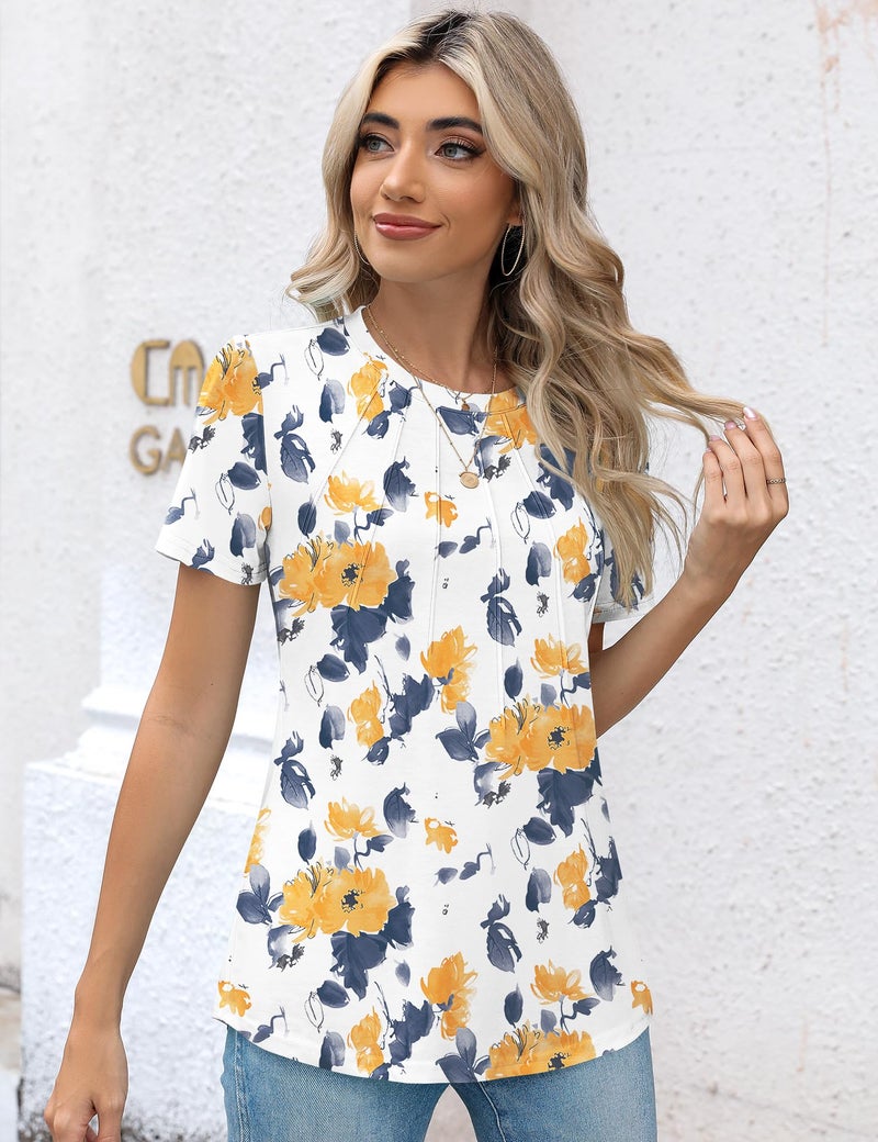 Kistore Ladies Blouses and Tops Summer Clothes 2025 Yellow Floral Short Sleeve Crew Neck Blouses Shirts M - Image 5
