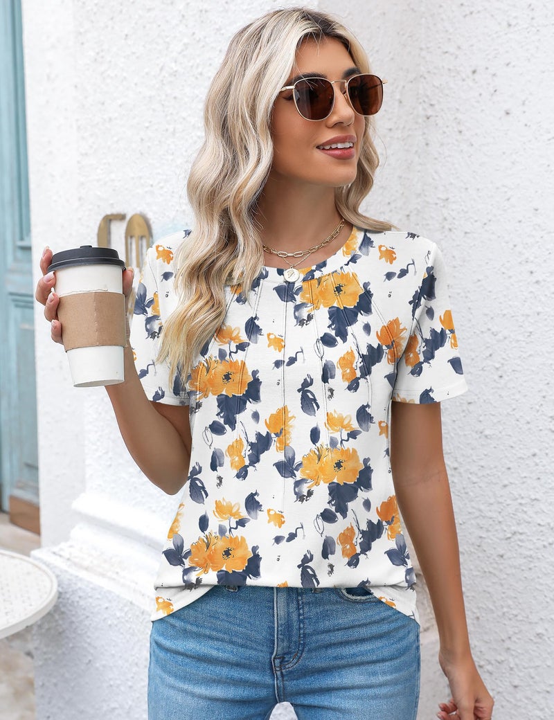 Kistore Ladies Blouses and Tops Summer Clothes 2025 Yellow Floral Short Sleeve Crew Neck Blouses Shirts M - Image 4