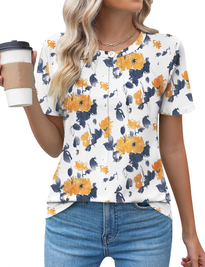 Kistore Ladies Blouses and Tops Summer Clothes 2025 Yellow Floral Short Sleeve Crew Neck Blouses Shirts M - Image 1