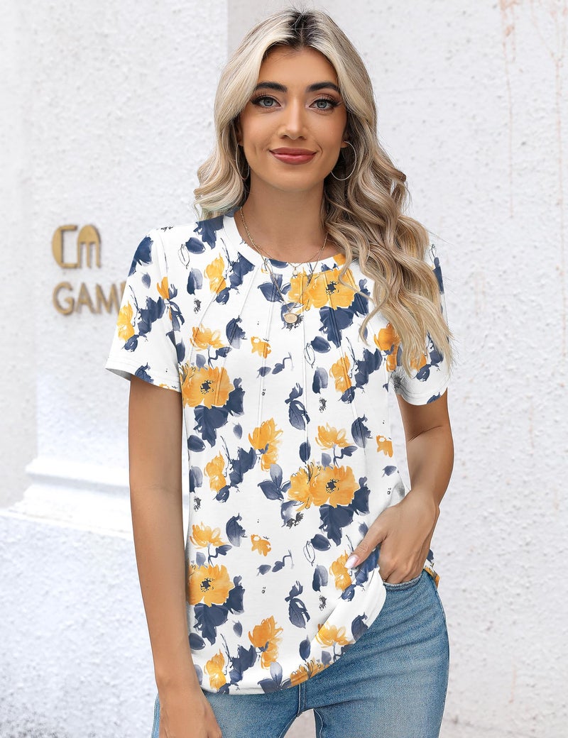 Kistore Ladies Blouses and Tops Summer Clothes 2025 Yellow Floral Short Sleeve Crew Neck Blouses Shirts M - Image 2