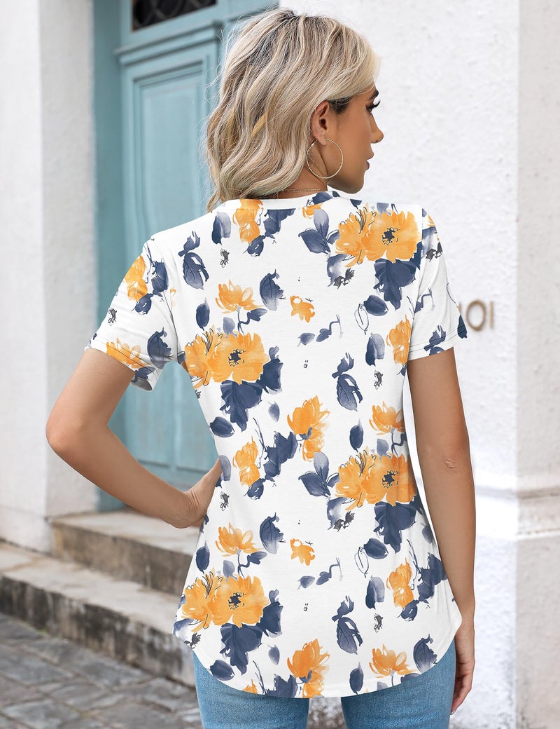 Kistore Ladies Blouses and Tops Summer Clothes 2025 Yellow Floral Short Sleeve Crew Neck Blouses Shirts M - Image 3