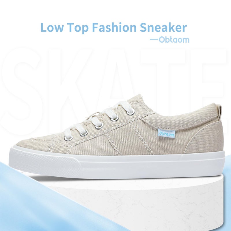 Obtaom Women Tan Canvas Fashion Sneakers Cute Lace up Canvas Shoes Low Top Washed Canvas Flat for Lady(Beige,US11) - Image 3