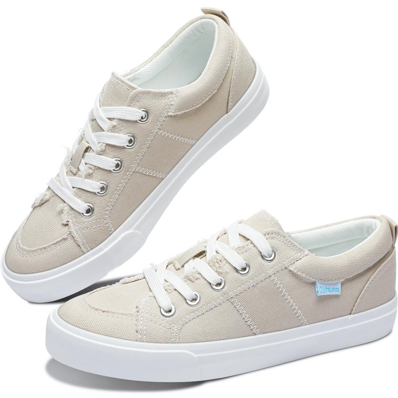 Obtaom Women Tan Canvas Fashion Sneakers Cute Lace up Canvas Shoes Low Top Washed Canvas Flat for Lady(Beige,US11) - Image 1