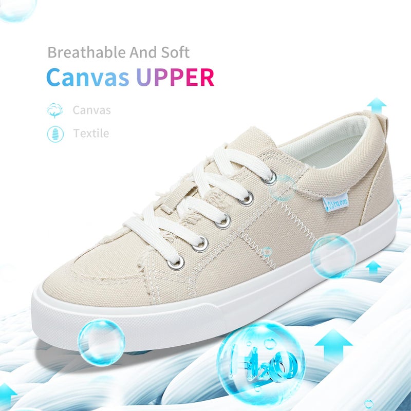 Obtaom Women Tan Canvas Fashion Sneakers Cute Lace up Canvas Shoes Low Top Washed Canvas Flat for Lady(Beige,US11) - Image 4