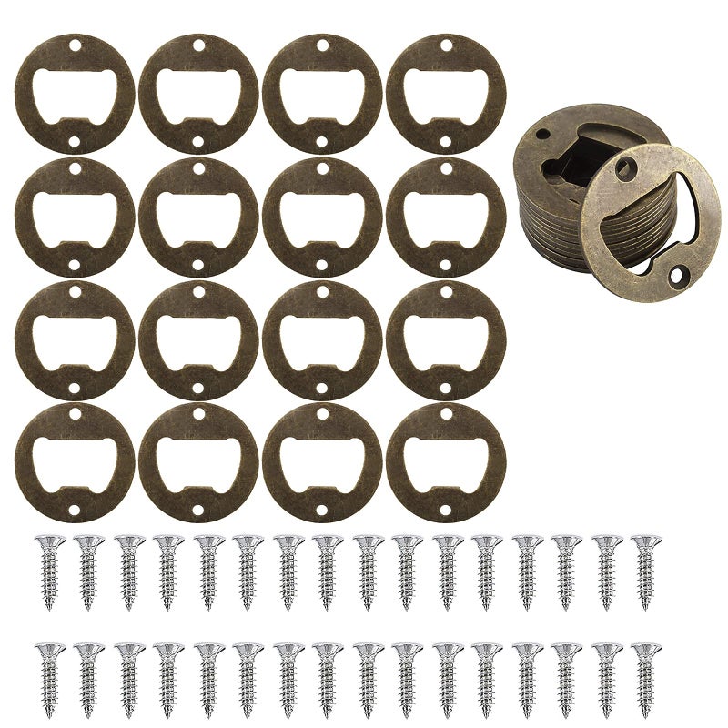 wonuu 100 Pack Stainless Steel Round Inset Bottle Opener Insets Kit Bottle Opener Wall Mounted Hardware Parts DIY kit with 200 Screws
