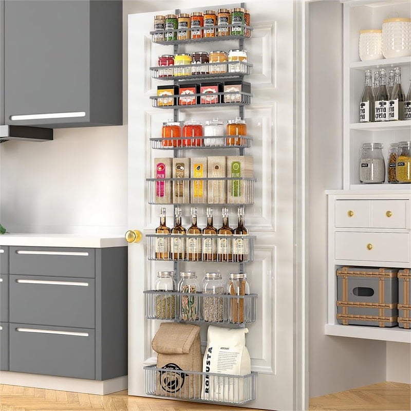 Moforoco Grey Over The Door Pantry Organizer, Pantry Door Organizer Shelves, Kitchen Organizers and Storage, Hanging Basket Wall Spice Rack Seasoning Shelves, Laundry Room Bathroom accessories - Image 1