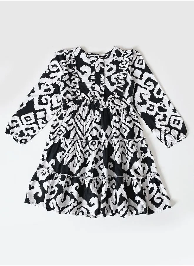 BELLA MODA Bella Moda Printed Ruffled Detail Knee-Length Dress