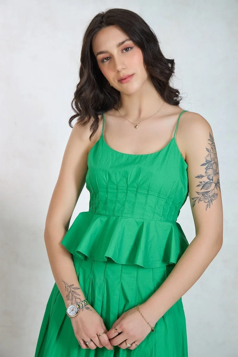 Virgio VIRGIO 100% Cotton Peplum Pleated Flared Hem Top