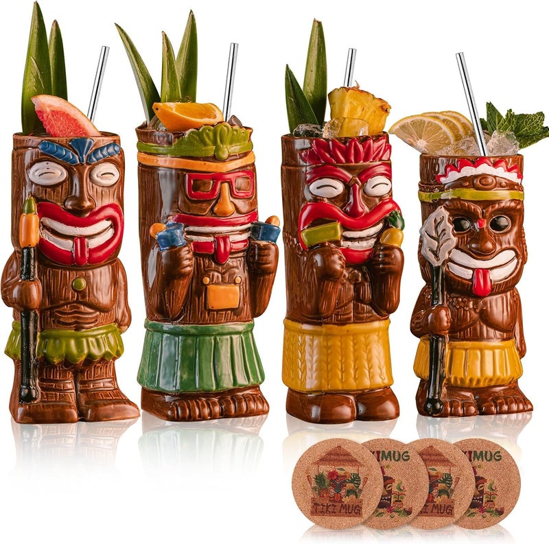 SUN GKOTTA Cocktail Tiki Mugs Set Of 4  Exotic Mug With 4 Coasters And 4 StrawsCute Ceramic Hawaiian Style Cocktail Glasses For Party And Tropical Tiki BarMai Tai Drinkware Glossy