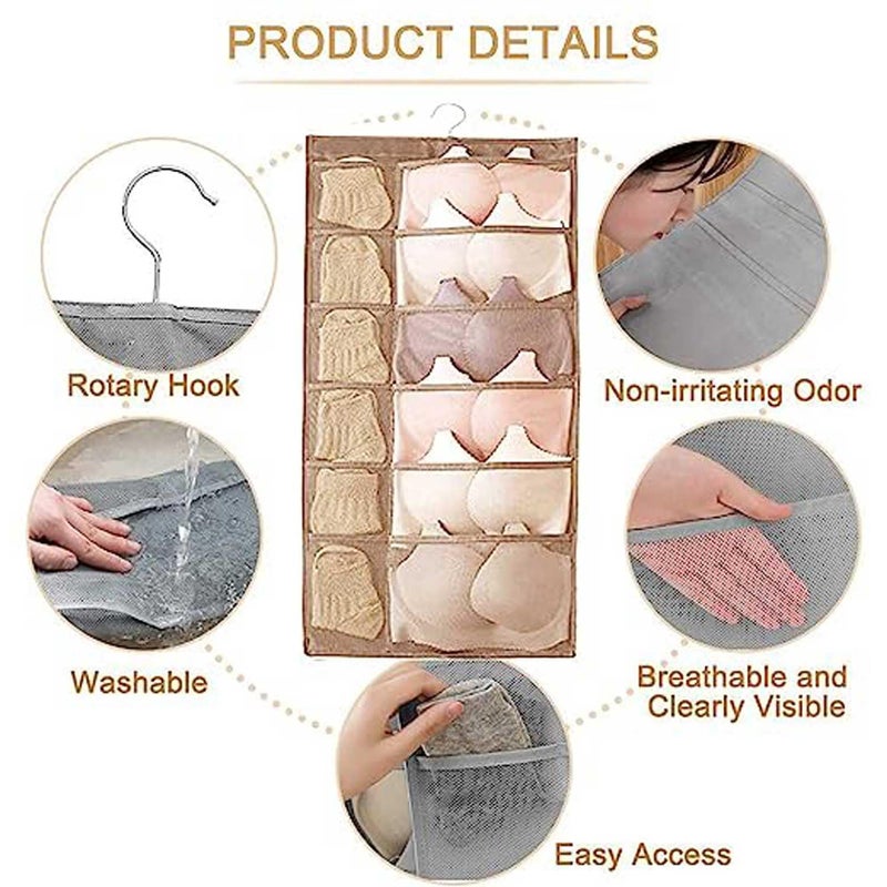 SYSTEMIZE SYSTEMIZE Closet Hanging Organizer with Mesh Pockets Metal Hanger Dual Sided Wall Shelf Wardrobe Storage Bags Cloth Space Saver Bag for Bra Underwear Underpants Socks Beige30 Pocket  - Image 3