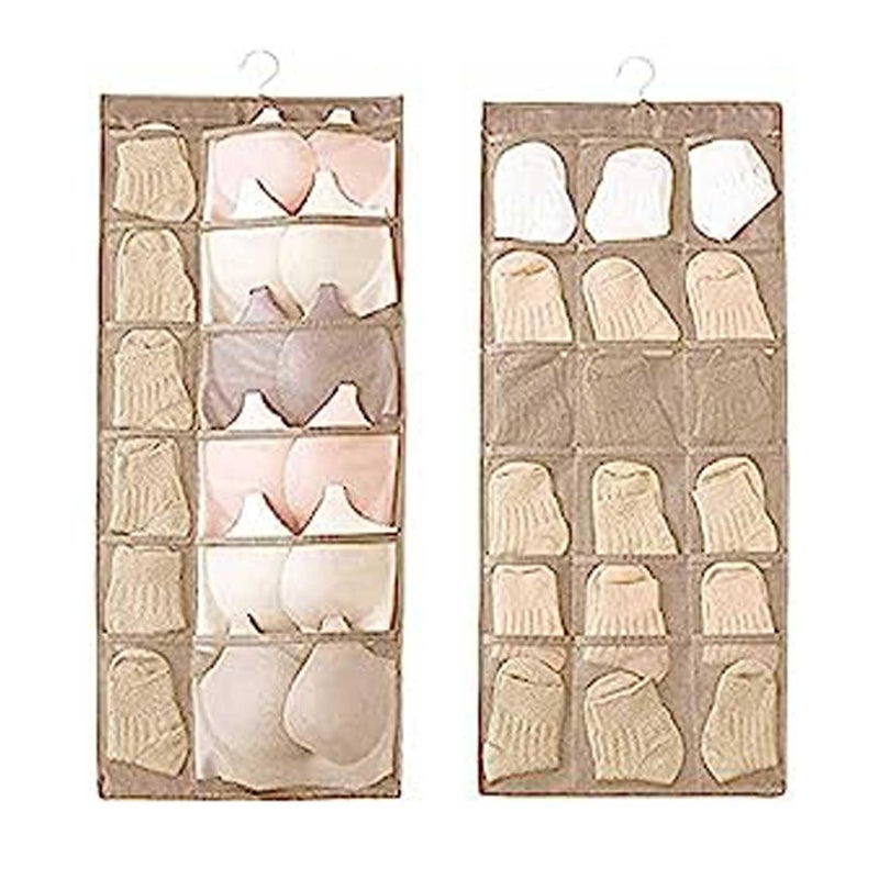 SYSTEMIZE SYSTEMIZE Closet Hanging Organizer with Mesh Pockets Metal Hanger Dual Sided Wall Shelf Wardrobe Storage Bags Cloth Space Saver Bag for Bra Underwear Underpants Socks Beige30 Pocket  - Image 1