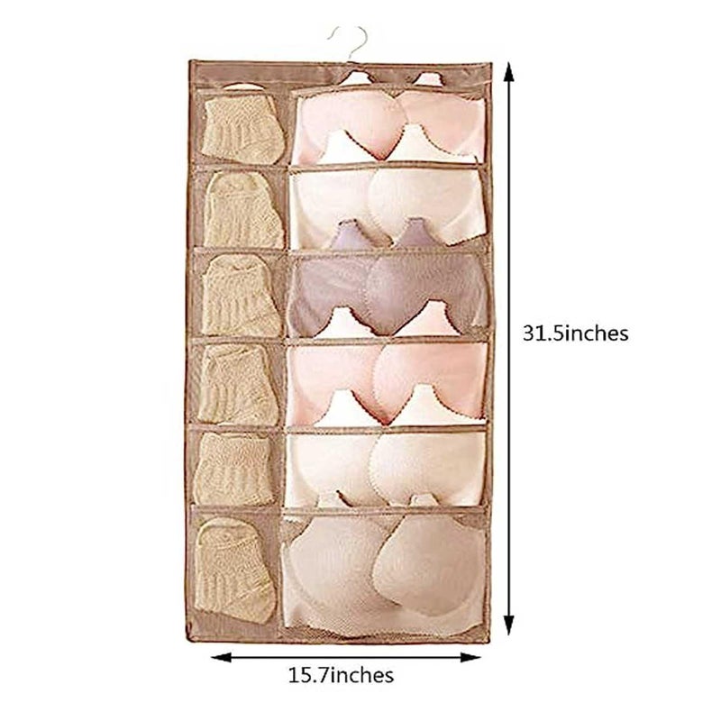 SYSTEMIZE SYSTEMIZE Closet Hanging Organizer with Mesh Pockets Metal Hanger Dual Sided Wall Shelf Wardrobe Storage Bags Cloth Space Saver Bag for Bra Underwear Underpants Socks Beige30 Pocket  - Image 2