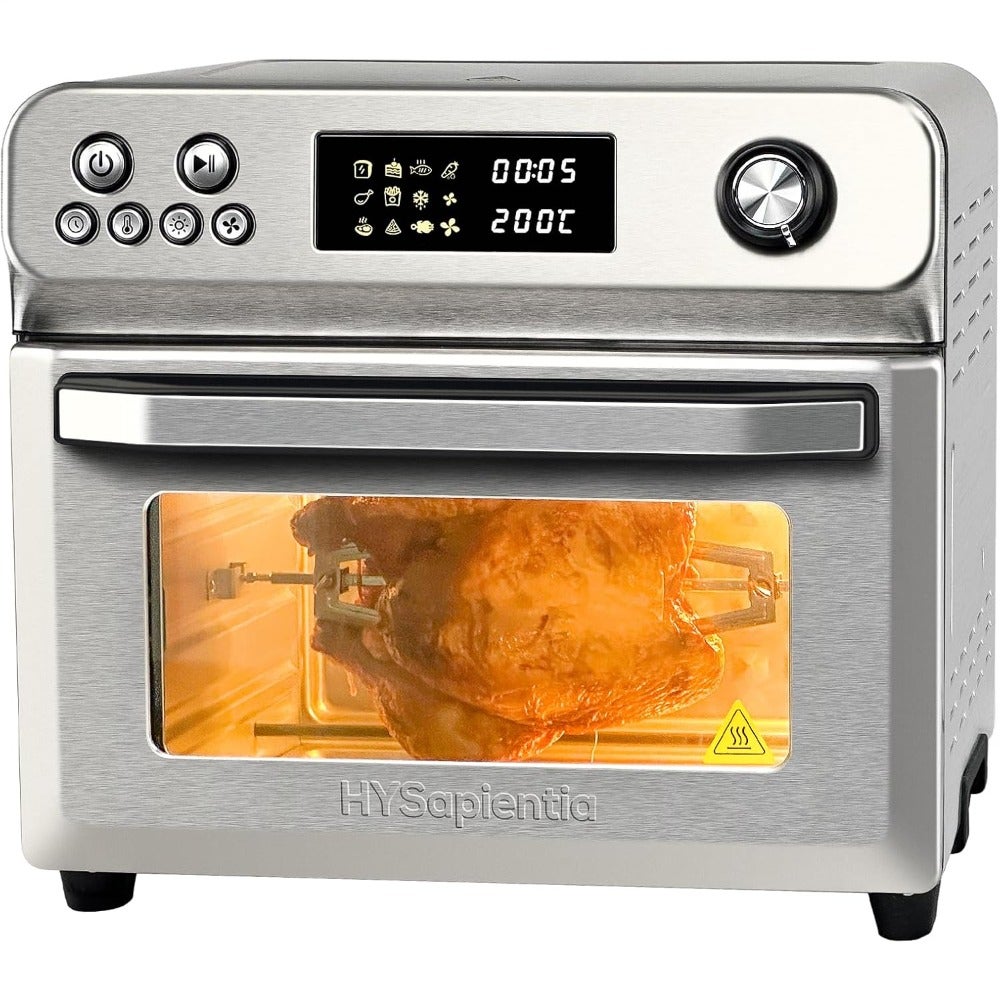 Air Fryer Oven for kitchen use, stainless steel black, 24L large capacity with rotisserie, 10-in-1 function, LED display and knob control, 1800W power