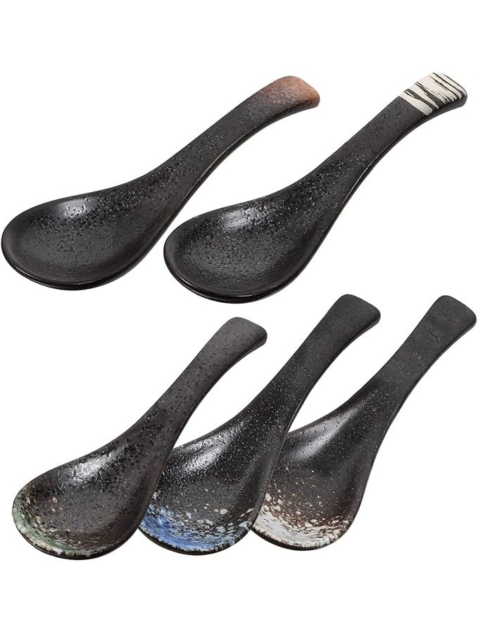 Ceramic Japanese Ramen Soup Spoons Set 5Pcs 14X4 5X1 8CM For Noodles Rice Desserts Lightweight Stylish - Image 1