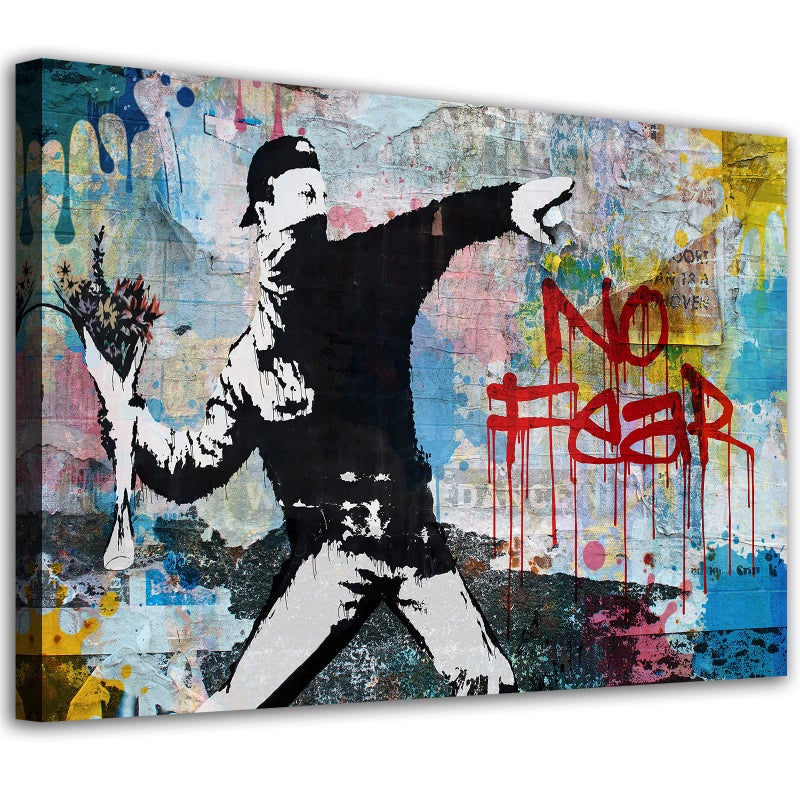 Banksy Canvas Wall Art Rage Flower Thrower Graffiti Street Art Print Man Throwing Flower Bounquet No Fear Inspirational Colorful Pop Culture Canvas Artwork Bedroom Bathroom Wall Decor 16x24in
