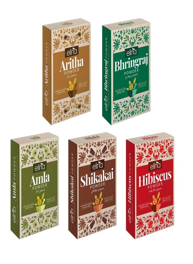 Elina Amla Reetha Shikakai Bhringraj Hibiscus Powder for Healthy Scalp, Helps to Control Dandruff | Chemicals Free Hair Mask for Frizzy Hair| Pure Herbal Combo 500 GM (100gm Each) - Image 1