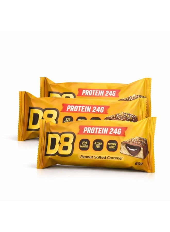D8 Protein Chocolate Bar Peanut Salted Caramel | 24g Protein Per Bar | No Added Sugar | Gluten Free | Low Calorie | 60g Each | Nutrition Bars for Men & Women | Pack of 3 - Image 1
