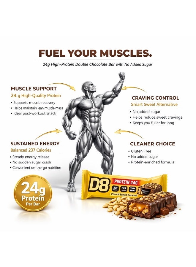 D8 Protein Chocolate Bar Peanut Salted Caramel | 24g Protein Per Bar | No Added Sugar | Gluten Free | Low Calorie | 60g Each | Nutrition Bars for Men & Women | Pack of 3 - Image 3