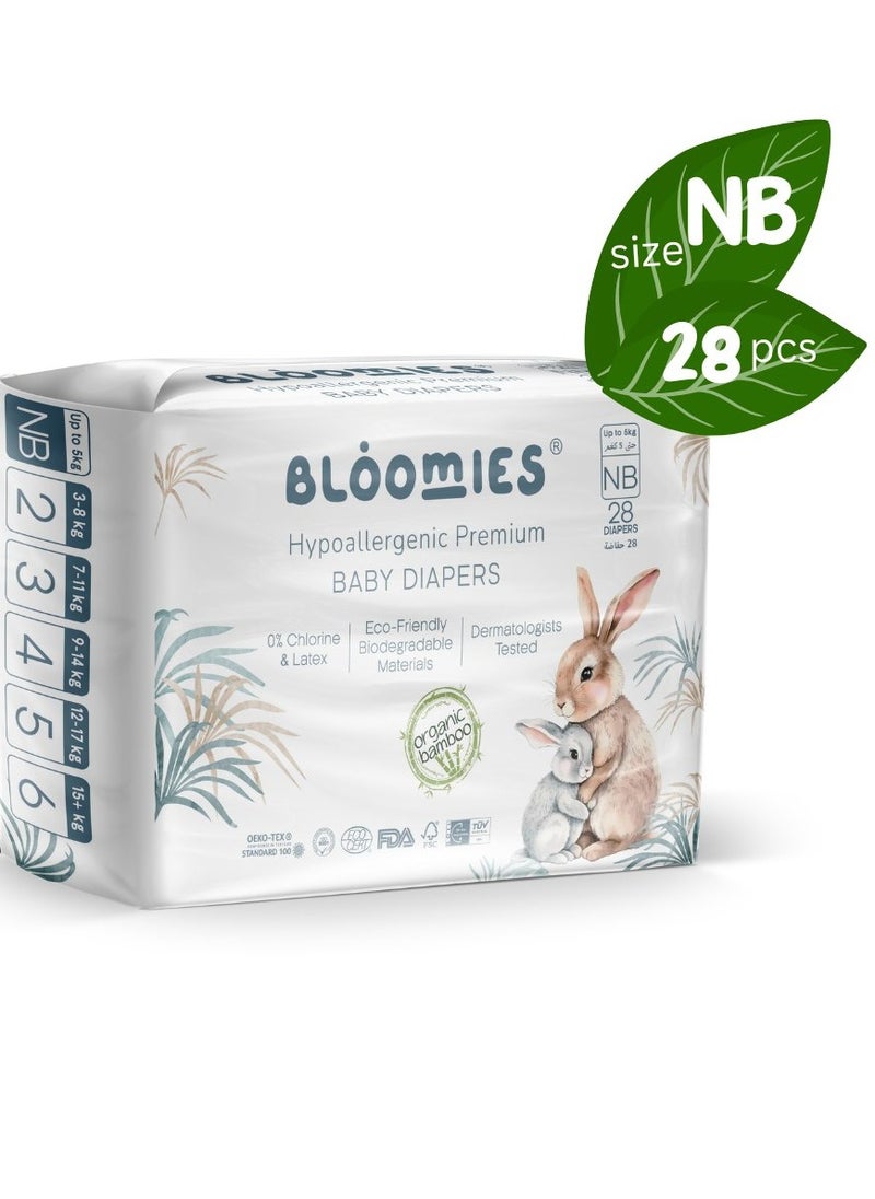 Bloomies - Organic Bamboo Baby Diapers for Newborns (Up to 5kg baby) 28pcs| Eco-friendly, Hypoallergenic, Non-toxic, Breathable Nappies - Image 1