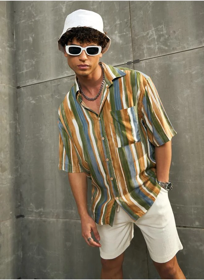 ساسافراس Sassafras Striped Short Sleeve Relaxed Fit Shirt with Pocket Detail