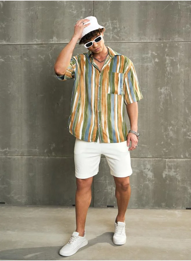 ساسافراس Sassafras Striped Short Sleeve Relaxed Fit Shirt with Pocket Detail