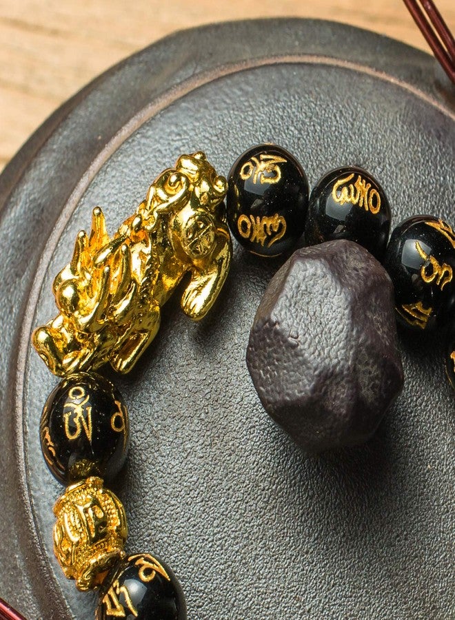 MANRUO Feng Shui 14mm Black Hand Carved Mantra Beads Bracelet with 1 Golden Pi Xiu/Pi Yao and 1 Golden Mantra Bead Attract Lucky Wealthy - Image 5