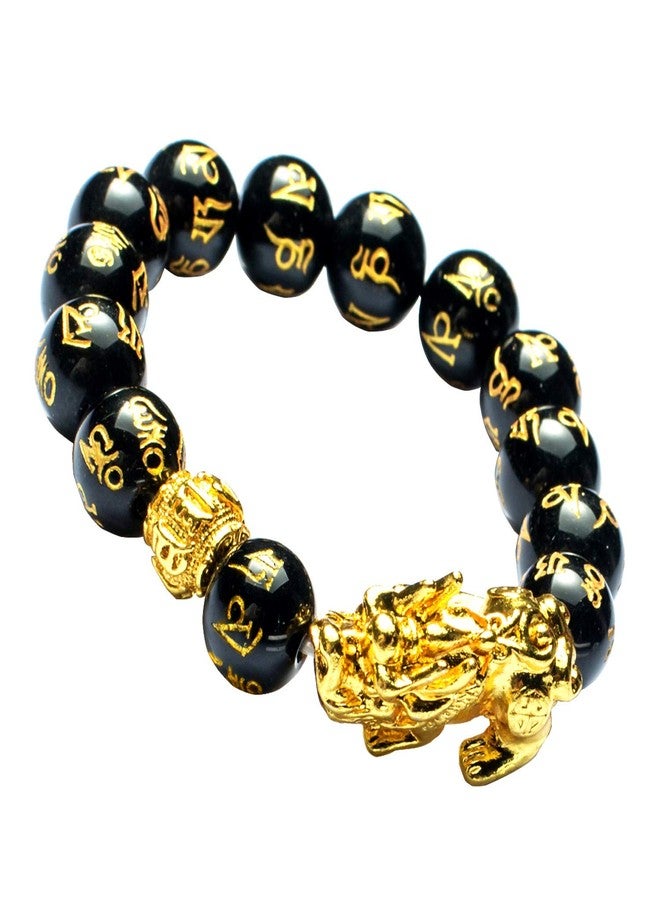 MANRUO Feng Shui 14mm Black Hand Carved Mantra Beads Bracelet with 1 Golden Pi Xiu/Pi Yao and 1 Golden Mantra Bead Attract Lucky Wealthy - Image 1
