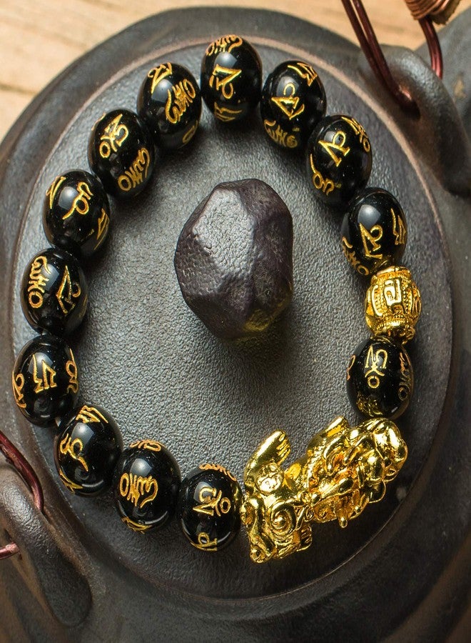 MANRUO Feng Shui 14mm Black Hand Carved Mantra Beads Bracelet with 1 Golden Pi Xiu/Pi Yao and 1 Golden Mantra Bead Attract Lucky Wealthy - Image 3