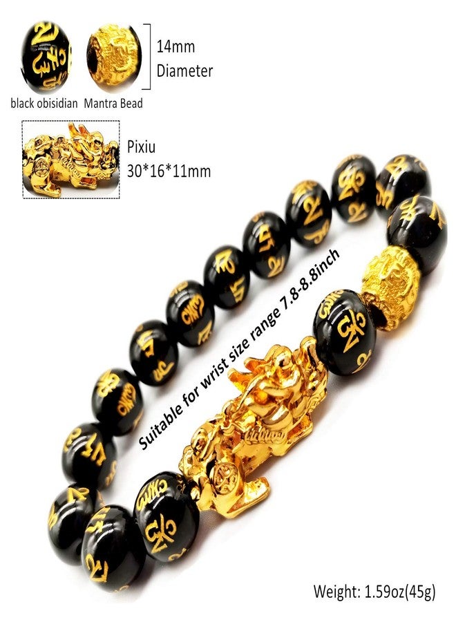MANRUO Feng Shui 14mm Black Hand Carved Mantra Beads Bracelet with 1 Golden Pi Xiu/Pi Yao and 1 Golden Mantra Bead Attract Lucky Wealthy - Image 2