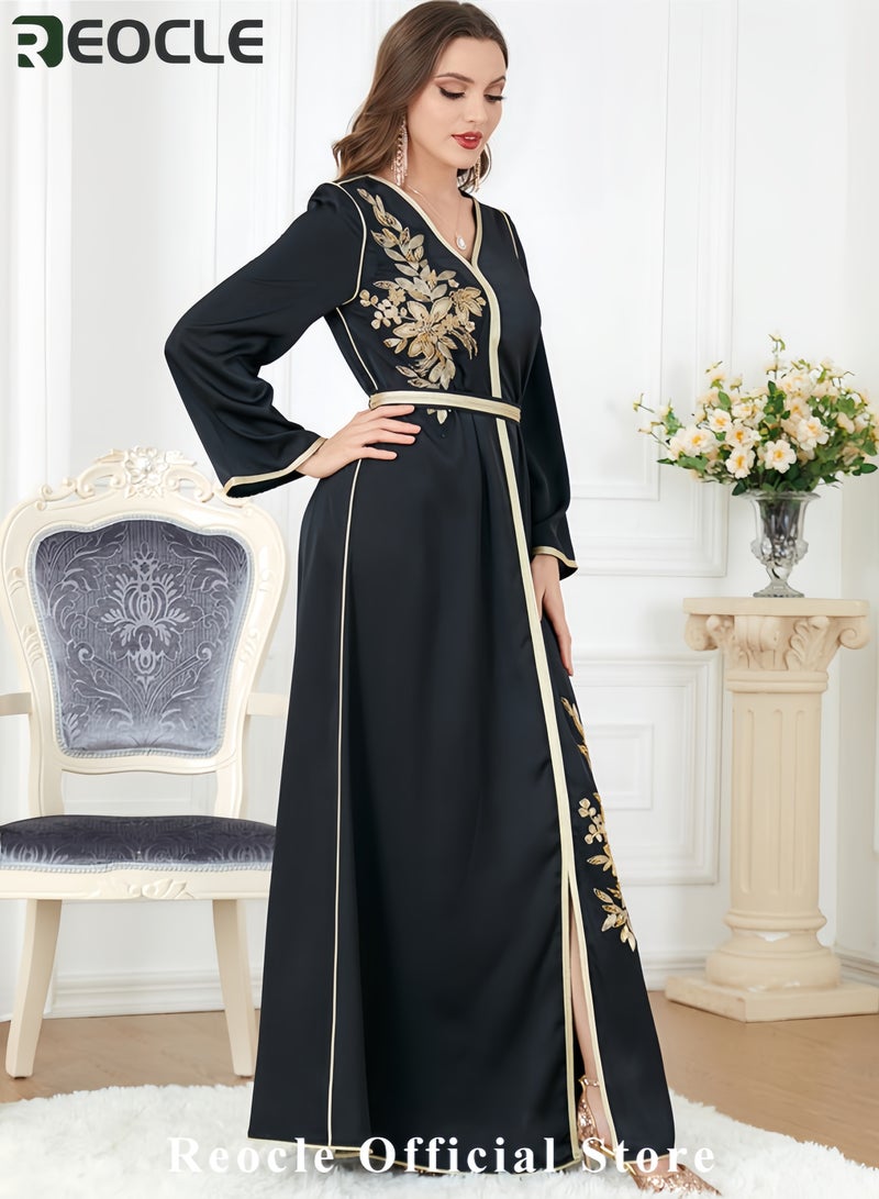 REOCLE Women's Elegant Embroidered Satin Kaftan Luxury Maxi Abaya Modest Evening Dress Flowing Robe for Weddings Banquets & Special Occasions - Image 3