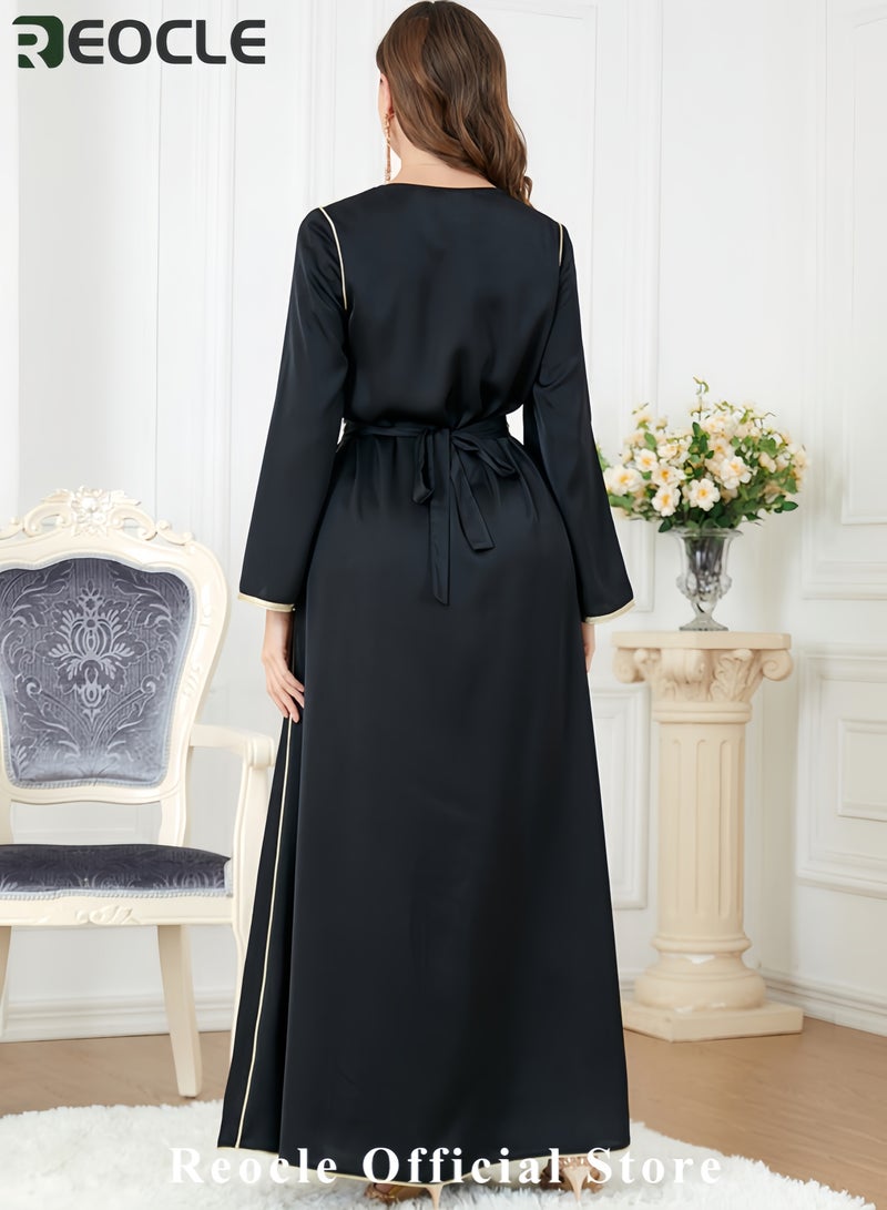 REOCLE Women's Elegant Embroidered Satin Kaftan Luxury Maxi Abaya Modest Evening Dress Flowing Robe for Weddings Banquets & Special Occasions - Image 4