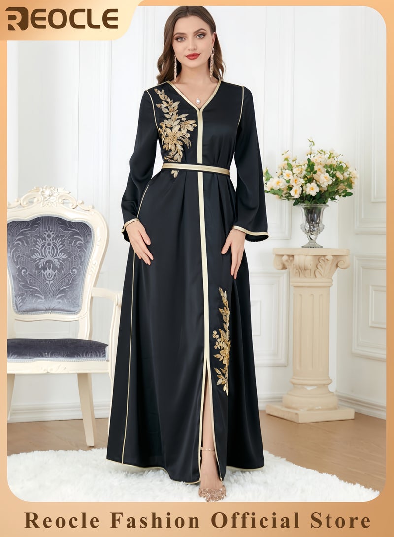REOCLE Women's Elegant Embroidered Satin Kaftan Luxury Maxi Abaya Modest Evening Dress Flowing Robe for Weddings Banquets & Special Occasions - Image 1