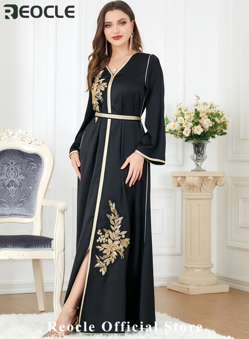 REOCLE Women's Elegant Embroidered Satin Kaftan Luxury Maxi Abaya Modest Evening Dress Flowing Robe for Weddings Banquets & Special Occasions - Image 2