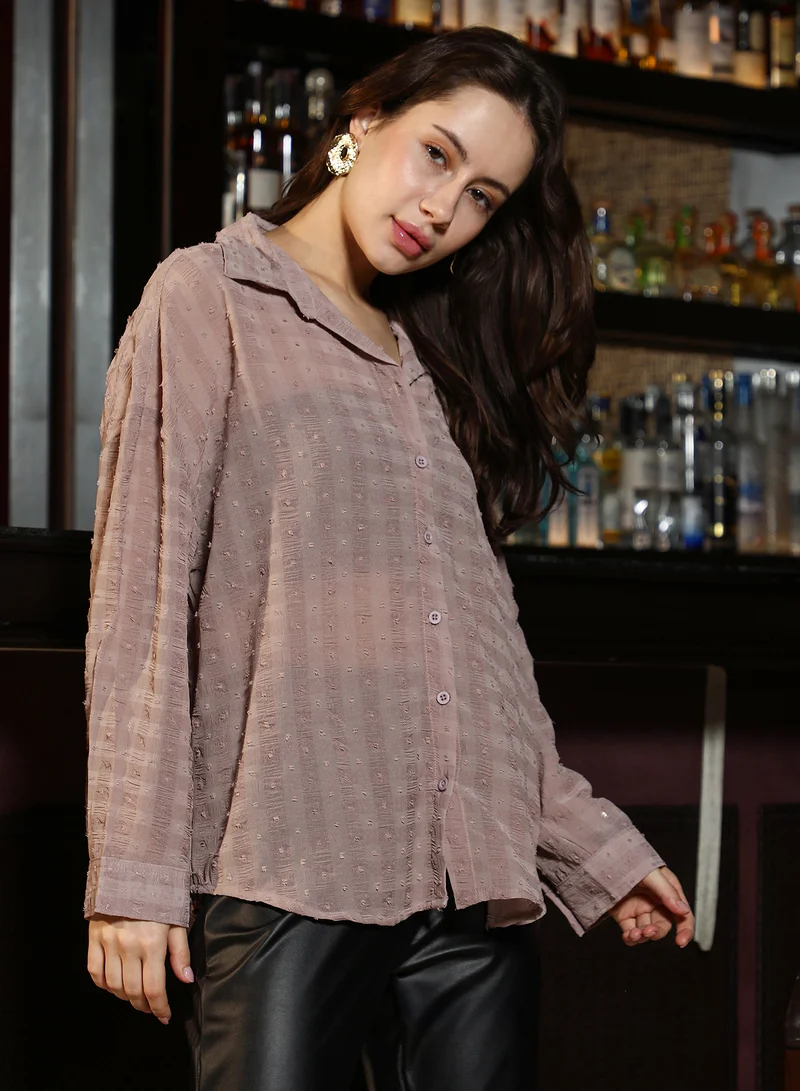 PINACOLADA  Women's Peanut Brown Check-Jacquard Textured Shirt | نساء | أكمام طويلة | كاروهات | كاجوال | قميص | طوق منتشر for Women | Best Price UAE
