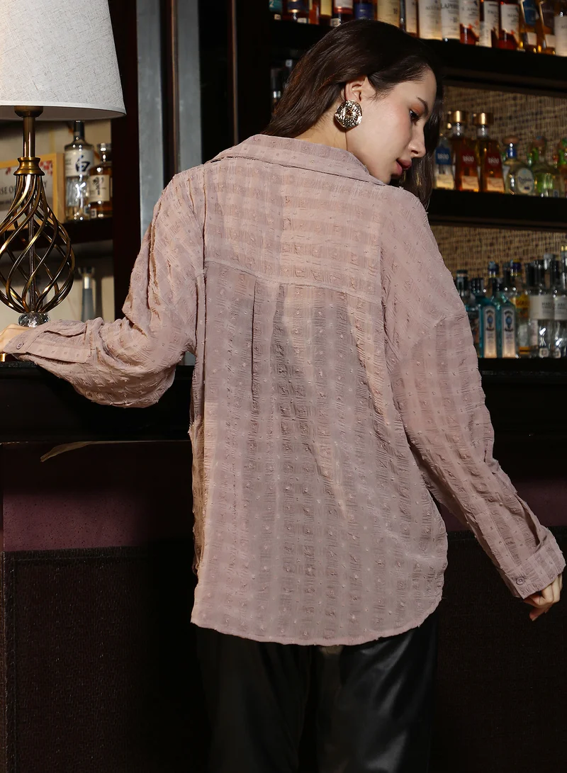 PINACOLADA  Women's Peanut Brown Check-Jacquard Textured Shirt | نساء | أكمام طويلة | كاروهات | كاجوال | قميص | طوق منتشر for Women | Best Price UAE