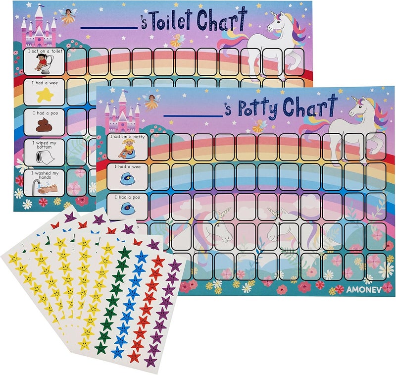 Amonev Unicorn Toilet Training Reward chart and Potty Training reward chart for boys and girls Toddlers Twin Pack with 225 star stickers included - Image 1