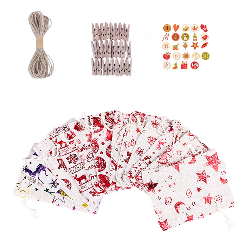 Christmas Candy Bag Linen Bags 24pcs Assorted Christmas Gift Wrapping Bags Clips Number Sticker design with Snowman Santa Claus Elk for Christmas Birthday Party Holiday - Image 1