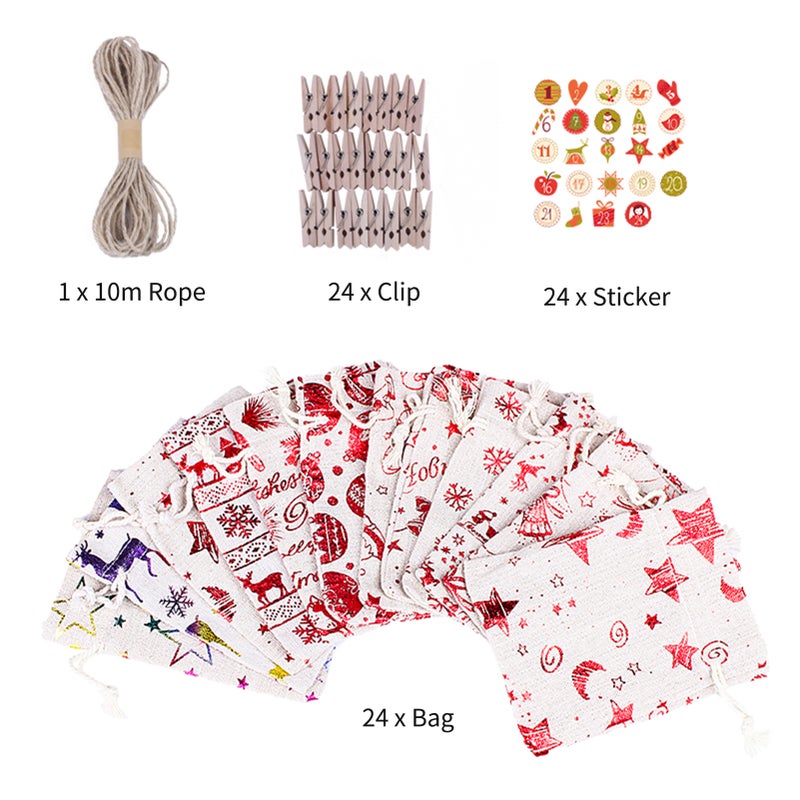 Christmas Candy Bag Linen Bags 24pcs Assorted Christmas Gift Wrapping Bags Clips Number Sticker design with Snowman Santa Claus Elk for Christmas Birthday Party Holiday - Image 2