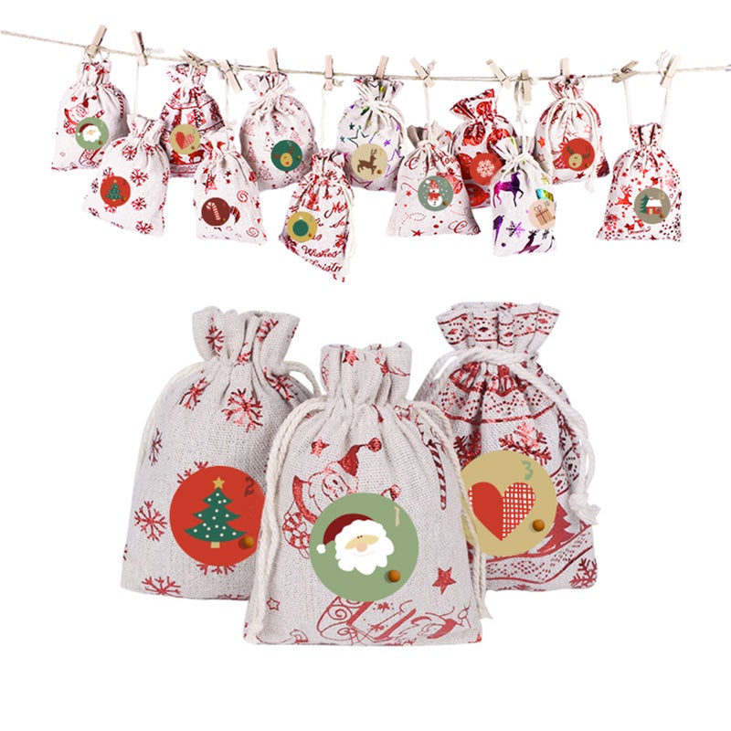 Christmas Candy Bag Linen Bags 24pcs Assorted Christmas Gift Wrapping Bags Clips Number Sticker design with Snowman Santa Claus Elk for Christmas Birthday Party Holiday - Image 5