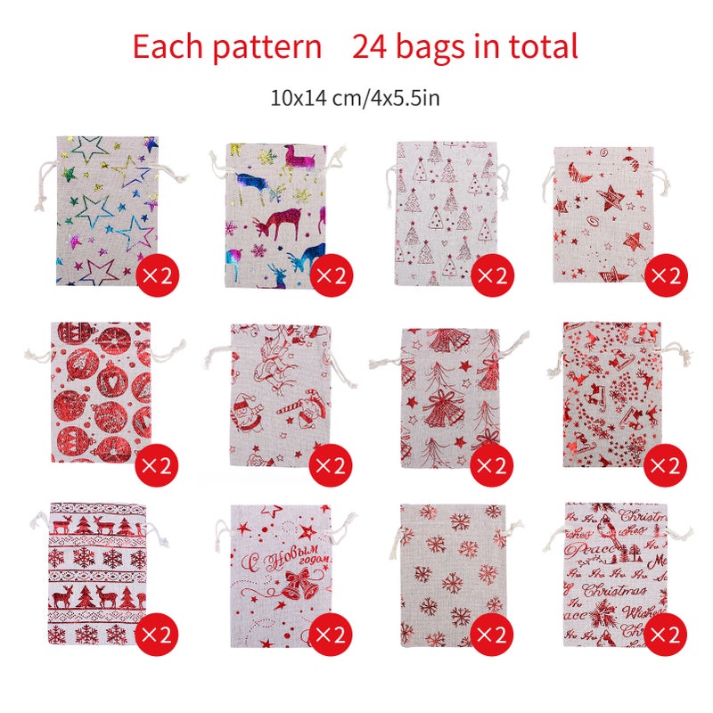 Christmas Candy Bag Linen Bags 24pcs Assorted Christmas Gift Wrapping Bags Clips Number Sticker design with Snowman Santa Claus Elk for Christmas Birthday Party Holiday - Image 3
